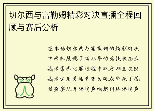 切尔西与富勒姆精彩对决直播全程回顾与赛后分析